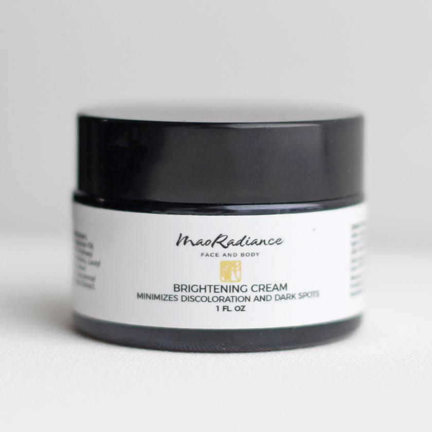 glass jar of face brightening cream made from natural skin brightening ingredients such as licorice root extract in the best brightening facial serum 