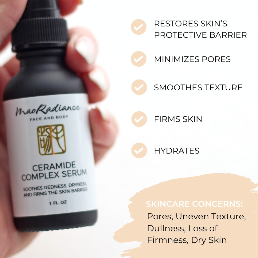 bottle of ceramide serum and list of benefits of ceramides on the skin, the holy grail for skin barrier and hydration support. Part of a natural skin care ingredient clean beauty brand with ceramides and lipids to reduce water loss and soothe irritation, leaving skin visibly hydrated and supple.