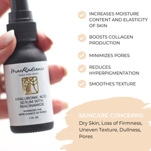 An image showing the benefits of Hyaluronic Acid Serum Niacinamide serum. boosts collagen production, minimimizes pores, reduces hyperpigmentation and smoothes texture.  A skincare essential for a healthy, glowing complexion.