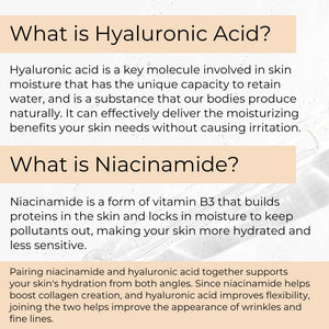 An image explaing what the benefits are of Hyaluronic Acid Niacinamide serum. boosts collagen production, minimimizes pores, reduces hyperpigmentation and smoothes texture.  A skincare essential for a healthy, glowing complexion.