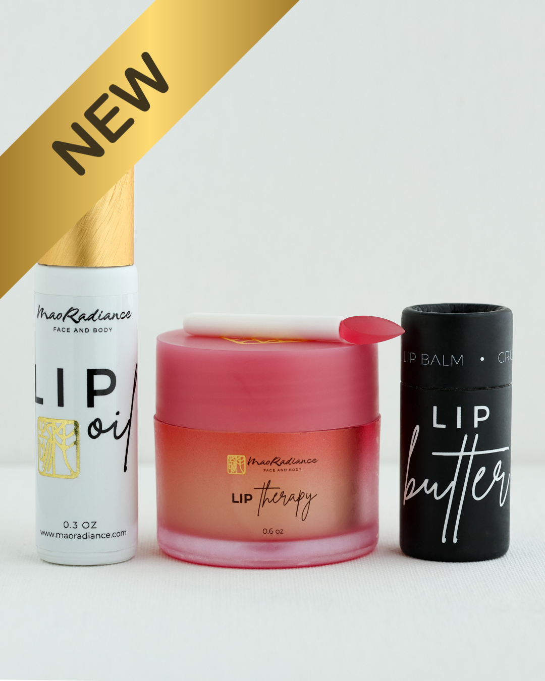 Three lip care products with 'New' label on a white background