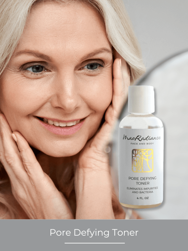 Woman holding a bottle of 'MaoRadiance' Pore Defying Toner with a blurred background