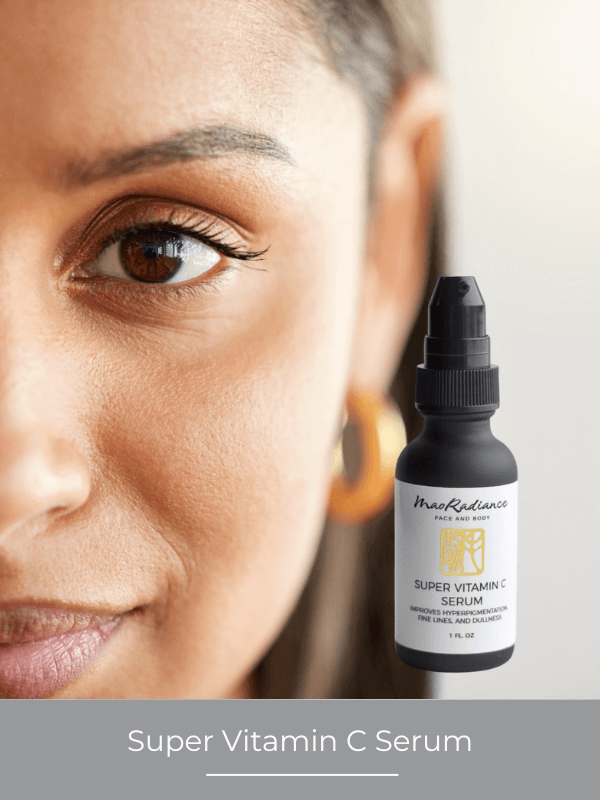 Super Vitamin C Serum bottle with a close-up of a woman's face in the background