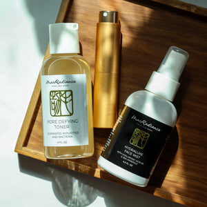 Three skincare products on a wooden tray with 'MaxRadiance' branding.
