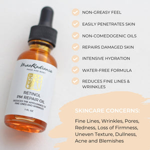 image showing benefits of natural retinol and glass bottle of Natural Retinol Oil Rosehip Oil with Retinol Skin Brightener - a natural retinol alternative
