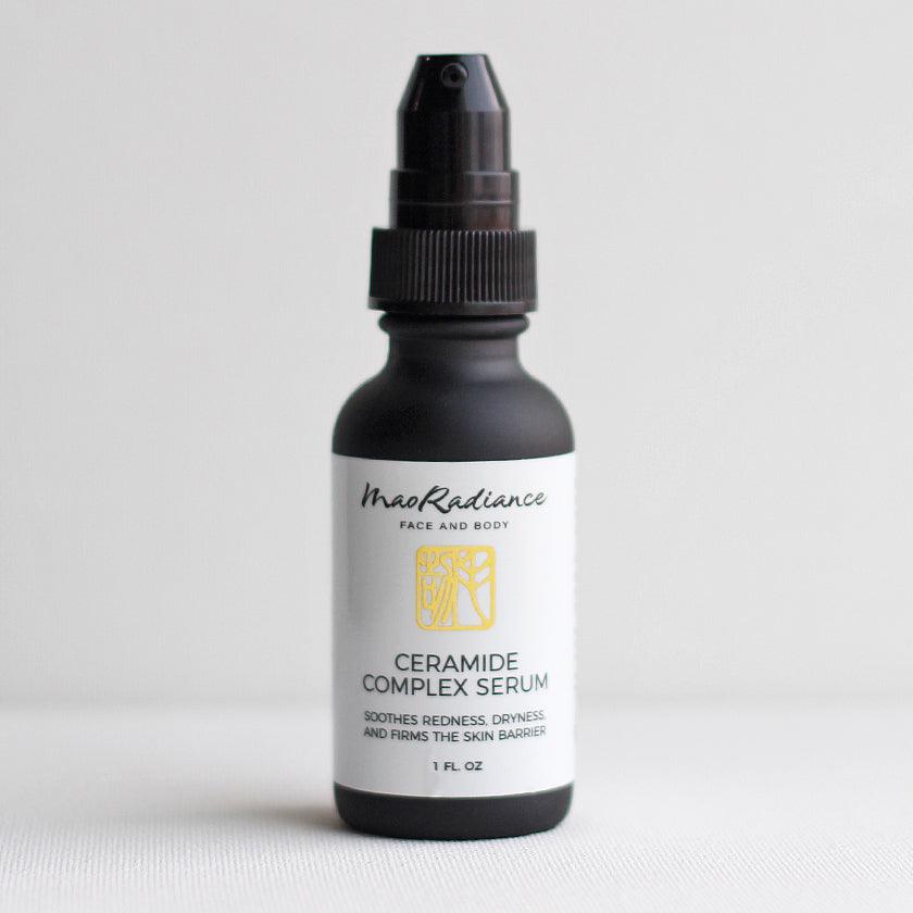 bottle of ceramide serum, the holy grail for skin barrier and hydration support. Part of a natural skin care ingredient clean beauty brand with ceramides and lipids to reduce water loss and soothe irritation, leaving skin visibly hydrated and supple.